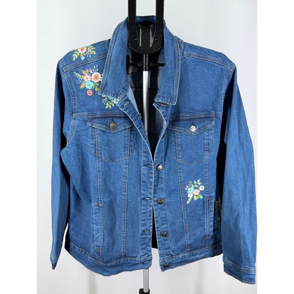 NorthStyle Womens 1X Floral Embroidered Denim Jacket Medium Wash Blue‎
